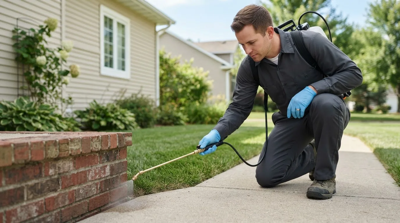 Pest control technician treating a home near Van Meter, IA