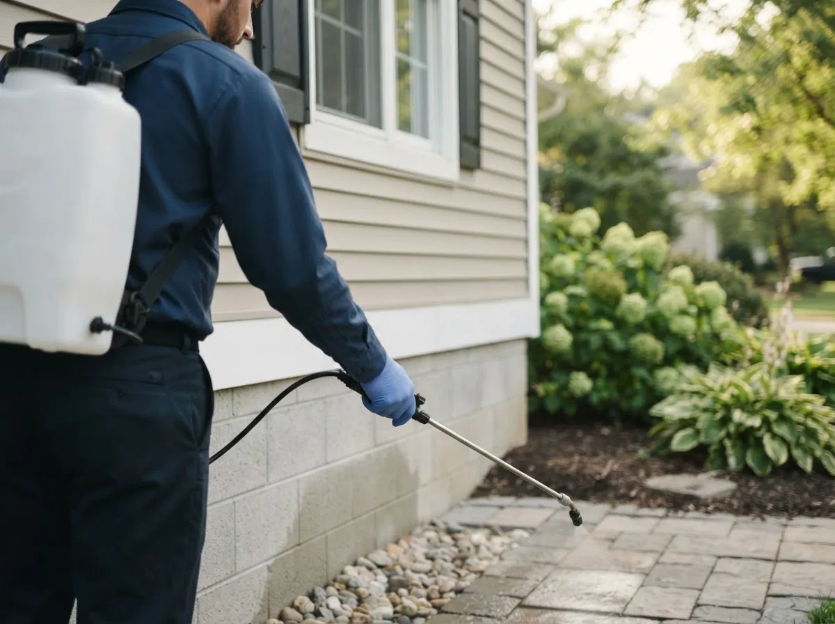 Pest control technician inspecting a home in Van Meter, IA